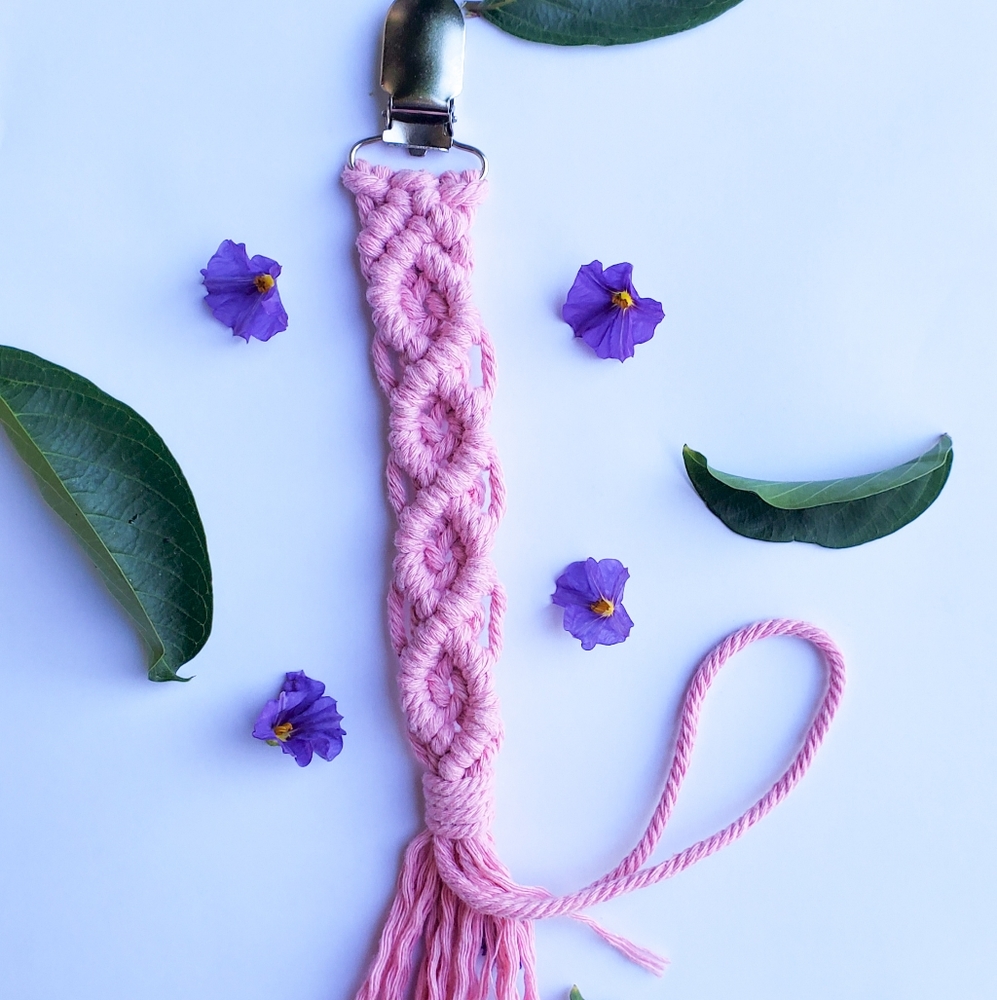 Pink baby girl accessory macrame pacifier clip